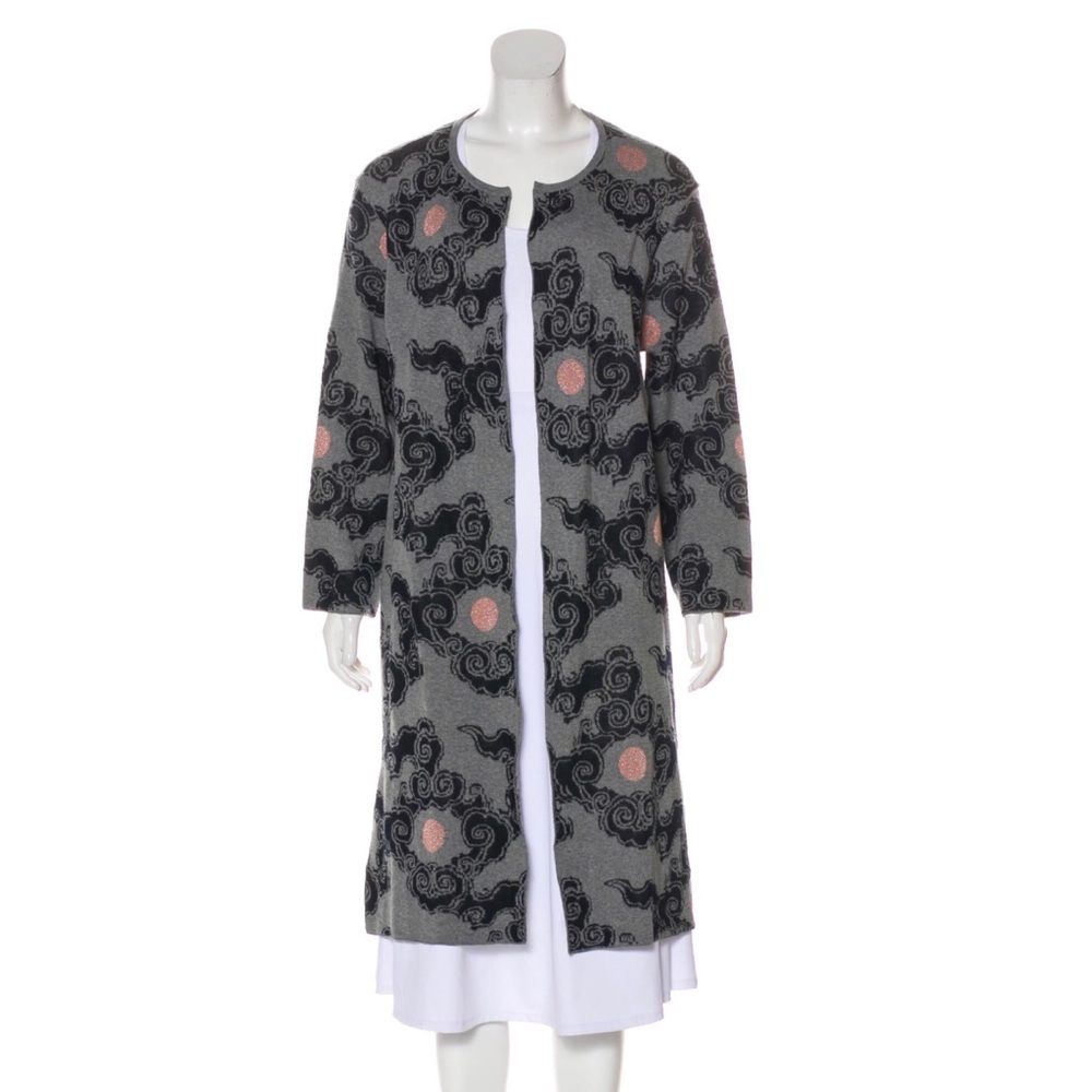 Dries Van Noten Long Patterned Open Cardigan Gray w/ Pink Accents